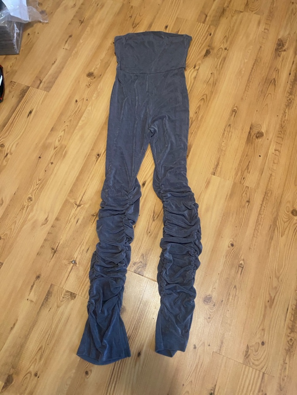 Strapless Ruched Velvet Jumpsuit - Gray